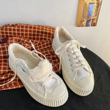 Women's Platform Plus Fleece Cotton Shoes, Women's Plush Japanese Canvas Shoes Girls' Warm White Shoes