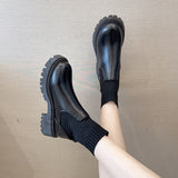 Fashion Knit Patchwork Platform Ankle Boots Women 2022 Spring Non-slip Patent Leather Boots Woman Round Toe Square Heel Shoes