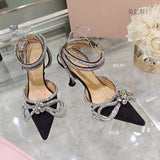 Rhinestone Baotou sandals 2021 new summer fairy wind pointed pink high-heeled bow tie thin heel winding bandage