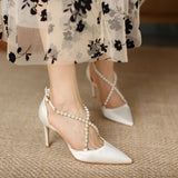 Spring and Summer New Pearl Strap Buckle Sandals Women's Pointed Toe Satin Stiletto Heel All-Matching High Heels