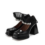 Wexleyjesus 2022 Fashion Mary Janes Shoes,Women Platforms High Heels,Square Toe,Lace&Rhinestone,Female Footware