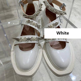 2023 New Rivets Flats Women Buckle Strap Pearl Square Heel Shoes Women Fashion Casual PU Leather Mary Jane shoes Zapatos Mujer