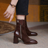 French Square Toe Retro Ankle Boots Women Suede Stitching Side Zipper Thick Heel Chelsea Boots 7CM High-heeled Knight Boots