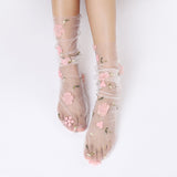 Fashion Floral Lace Socks Women Long Tulle Socks Female Transparent Thin Mesh Socks Chiffon Lace Up Socks Dress Calcetines