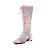 Summer New Fashion National Style Women Genuine Leather Mesh Flowers Knee-High Long Boots Ladies Cross-tied Boots 200423
