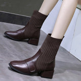 Fashion Square Toe Ankle Boots Cow Leather Knitting Slip on Women Shoes Winter Square Heel Short Boots Size 34-39