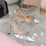 Rhinestone Baotou sandals 2021 new summer fairy wind pointed pink high-heeled bow tie thin heel winding bandage