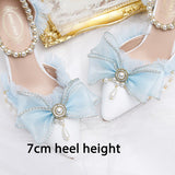 Wexleyjesus Lady Sandals Bow  Light Blue Chiffon Bow Knot Pointed Retro Lolita Princess Women's Shoes Pearl Straight Strap Hollow High Heels
