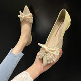 Rimocy Pearl Bowtie Party Pumps Women Sexy Lace Pointed Toe Banquet Wedding Shoes Woman String Bead Comfort Low Heels Shoes