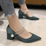 Rimocy Hook Loop Big Pearl High Heels Pumps Women Bling Crystal Square Heels Mary Jane Shoes Woman Point Toe Moccasins Shoes