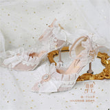 Wexleyjesus Kawaii Girl Tea Party White Lace Bowknot Diamond Lolita Shoes Victoria Princess Pointed Sandals High Heel Cos Lolita Shoes