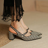 The Houndstooth Cloth Women Slingback Pumps Pointed Toe Shallow 6cm Square High Heels Vintage Mary Jeans Prom Party Sandalias