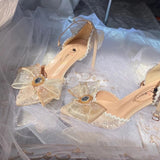 Elegant Retro Lolita Court Style Cosplay Flower Wedding Girl Gorgeous Satin Bow Pearl Gem Ribbon Flower 8.5cm High Heels Shoes