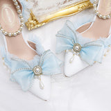 Wexleyjesus Lady Sandals Bow  Light Blue Chiffon Bow Knot Pointed Retro Lolita Princess Women's Shoes Pearl Straight Strap Hollow High Heels