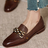 New Women Chain Loafers Low Heels Genuine Leather Round Toe Slip on Loafers Ladies Cozy Casual Spring Shoes