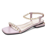 New Summer Pearl Sandals For Female Buckle Fariy Square Toe High Heel Sweet Sandals Korea Style