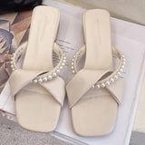 New Women Pumps Fashion Pearl Design Summer Sexy Open Toe Solid Color Low-heeled Sandals  Square Head Luxury Prom Woman Slippers