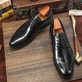 Men Oxford Shoes Classic Genuine Leather Wine Red Black Lace Up Pointed Toe Formal Dress Shoes For Male Daily Dating Flats C003