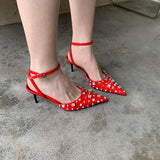 Wexleyjesus Fashion Women Sandals Pointed Toe Rivet Design Summer Dress Shoes Thin High Heel Black Red White Silver Elegant Ankle Strap Pump