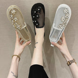 Women Flat Single Shoes Breathable Mesh Slip on Spring Summer Ladies Casual Rhinestone Flowers Fisherman Shoes Zapatillas Mujer