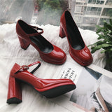 Wexleyjesus Autumn New Brand Designer Shallow Mouth Single Shoes Cow Patent Leather Leather Thick High Heel Women Pumps Round Head One