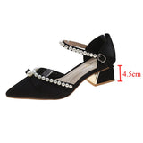 Wexleyjesus  2022 Summer Pearl Pumps Women Pointed Toe Ankle Strap High Heels Shoes Woman Med Heel Elegant Bowknot Dress Shoes Ladies