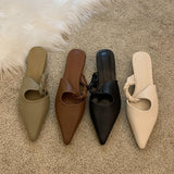 Vintage Brown Pleated Hollow Pointed Toe Mules Women Low Heels Shoes 2022 New Fashion Casual Flat Summer Slippers Women Slides