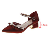 Wexleyjesus  2022 Summer Pearl Pumps Women Pointed Toe Ankle Strap High Heels Shoes Woman Med Heel Elegant Bowknot Dress Shoes Ladies