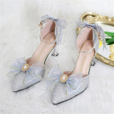 Wexleyjesus French Girl Butterfly Multicolor Lace Bowknot Pearl Sequin Lolita Shoes Pointed Sandals High Heel Victoria Tea Party Cosplay Lol