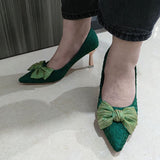 Green Silk Bowtie High Heels Pumps for Women Sexy Pointed Toe Metal Stiletto Heels Wedding Party Shoes Woman 2022 Spring Bombas