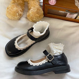 Lace Patchwork Girls Mary Janes 2022 Spring Buckle PU Japanese Style Kawaii Zapatillas Mujer Fashion Black Daily Ladies Shoes