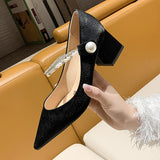 Rimocy Hook Loop Big Pearl High Heels Pumps Women Bling Crystal Square Heels Mary Jane Shoes Woman Point Toe Moccasins Shoes