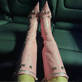 New Women Knee High Boots Female Microfiber Pointed Toe High Heels Shoes Ladies Fashion Side Zipper Rivet Riband Plus Size Boot