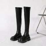 Pu Leather Chelsea Boots Women Zipper Thick Heels Shoes Autumn Winter Chunky Platform Botas Knee High Boots Black Punk Gothic