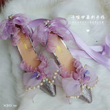 Wexleyjesus Sweet Girls Summer Purple Pearl Chain Lace Big Bowknot Lolita Shoes Cute Princess Victoria Pointed Sandals Cosplay Lolita Shoes