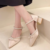 Wexleyjesus  2022 Summer Pearl Pumps Women Pointed Toe Ankle Strap High Heels Shoes Woman Med Heel Elegant Bowknot Dress Shoes Ladies