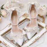 Wexleyjesus Lady Heels Sweety Vintage Lace Girl Lolita Style Bow Knot One Word Pointed Hollow High Heel Sandals Lo Marry Sandals