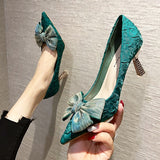 Green Silk Bowtie High Heels Pumps for Women Sexy Pointed Toe Metal Stiletto Heels Wedding Party Shoes Woman 2022 Spring Bombas