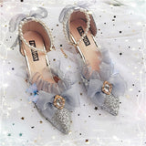 Wexleyjesus Kawaii Girl Tea Party Pointed Sandals Mid Heel Victoria Lolita Shoes Elegant Woman Pearl Chain Lace Bowknot Cosplay Lolita Shoes