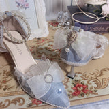 Wexleyjesus Pearl Chain Sweet Lace Bowknot Elegant Princess  Pointed Sandals Lolita Shoes Silver Wedding Tea Party Cosplay Lolita Shoes