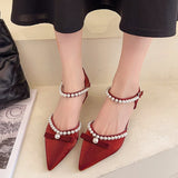 Wexleyjesus  2022 Summer Pearl Pumps Women Pointed Toe Ankle Strap High Heels Shoes Woman Med Heel Elegant Bowknot Dress Shoes Ladies