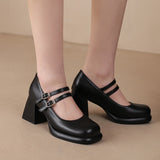 Wexleyjesus Double Breasted Buttoned Cutout Breathable Thick Heel Women's Pumps Tapered Thick Heel Classic French Style Mary Jean Shoes