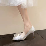 Rimocy Shiny Sequined Cloth Wedding Shoes Women Fashion Silk Bow Thin Heels Pumps Woman Slip-on Pearl High Heels Bridal Shoes