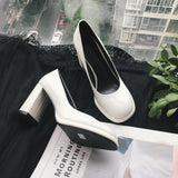 Wexleyjesus Autumn New Brand Designer Shallow Mouth Single Shoes Cow Patent Leather Leather Thick High Heel Women Pumps Round Head One