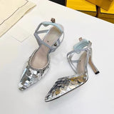 Wexleyjesus Brand Pink Sequin Sandals Luxury Leather Pointed Toe High Heels Metal Strange Style Heel Runway Pumps Banquet Party Shoes Women