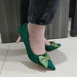 Green Silk Bowtie High Heels Pumps for Women Sexy Pointed Toe Metal Stiletto Heels Wedding Party Shoes Woman 2022 Spring Bombas