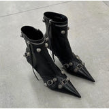 New Women Knee High Boots Female Microfiber Pointed Toe High Heels Shoes Ladies Fashion Side Zipper Rivet Riband Plus Size Boot