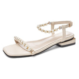 New Summer Pearl Sandals For Female Buckle Fariy Square Toe High Heel Sweet Sandals Korea Style