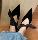 Wexleyjesus French Silk Tie Bow Sandals New Low-heeled Shoes Pointed Stilettos