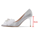 Rimocy Shiny Sequined Cloth Wedding Shoes Women Fashion Silk Bow Thin Heels Pumps Woman Slip-on Pearl High Heels Bridal Shoes